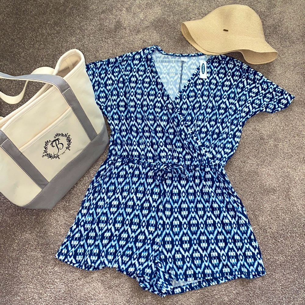 NWT Old Navy Pocketed Romper Swimsuit Coverup Blue/White Print